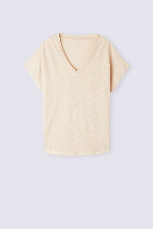 Beige Intimissimi Linen V-Neck Women Short Sleeve | DFjlSe9z