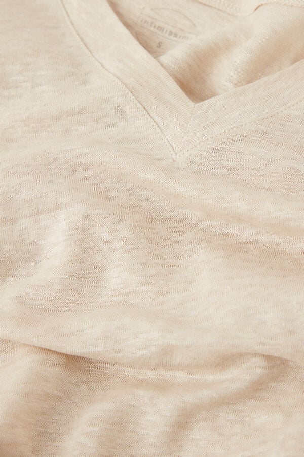 Beige Intimissimi Linen V-Neck Women Short Sleeve | DFjlSe9z