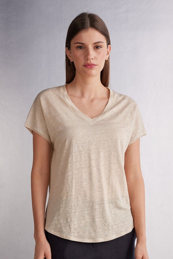 Beige Intimissimi Linen V-Neck Women Short Sleeve | DFjlSe9z