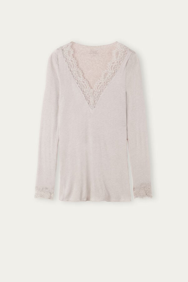 Beige Intimissimi Modal Cashmere Ultralight Long Lace Women Shirt | pKGQfUw1