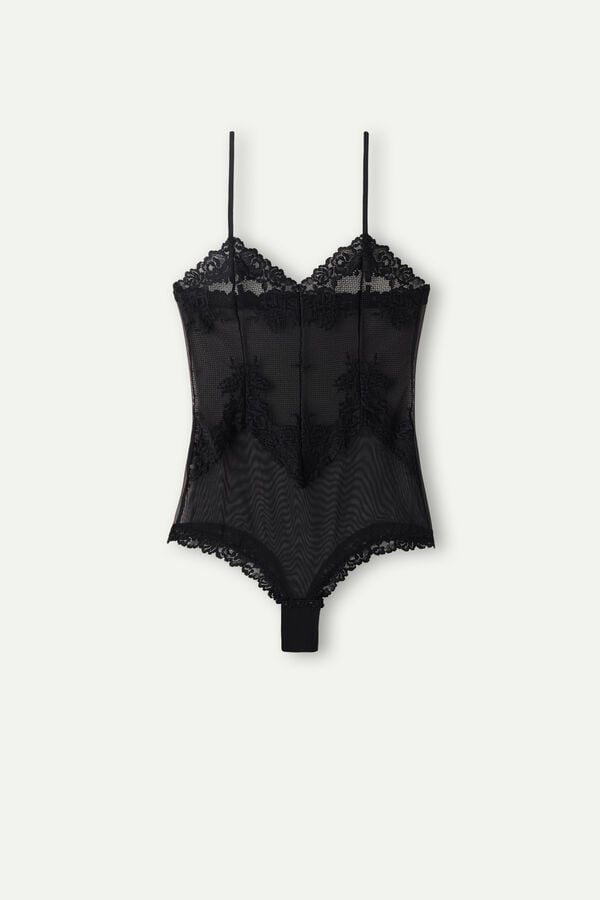 Black Intimissimi Pretty Flowers Tulle And Lace Women Bodysuit | JKAF8ra7