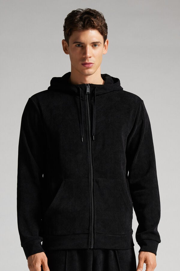 Black Intimissimi Ribbed Chenille Men Hoodie | khQSg9T7