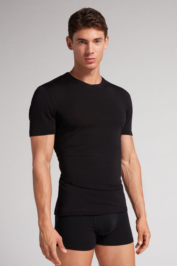 Black Intimissimi Stretch Merino Wool Short-Sleeve Men T-Shirt | AG4HD8bT