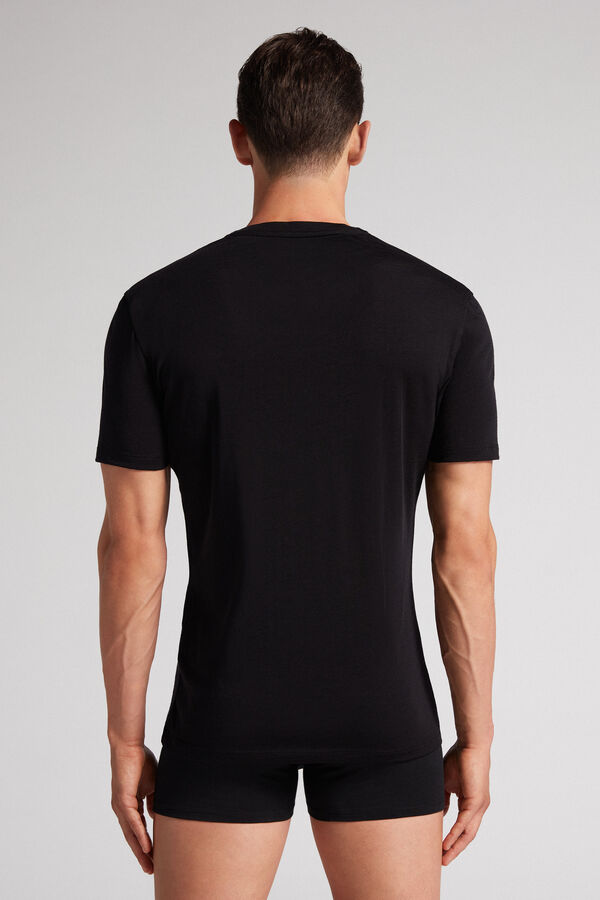 Black Intimissimi Stretch Merino Wool Short-Sleeve Men T-Shirt | AG4HD8bT