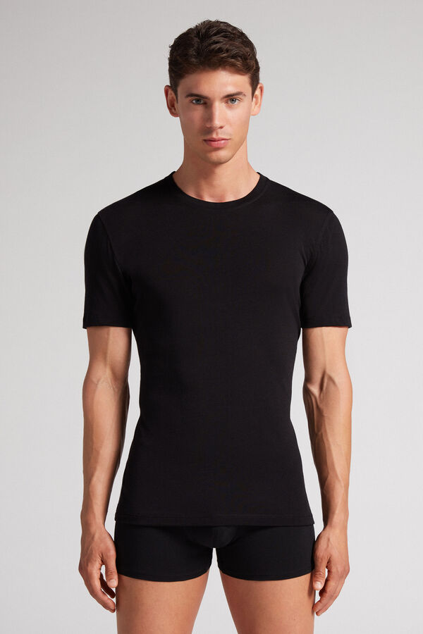 Black Intimissimi Stretch Merino Wool Short-Sleeve Men T-Shirt | AG4HD8bT