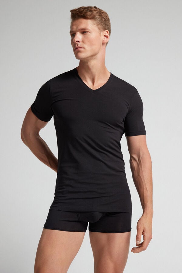 Black Intimissimi Stretch Superior Cotton V-Neck Men T-Shirt | wltUcFeZ