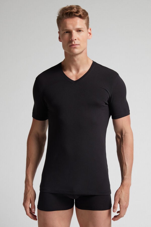 Black Intimissimi Stretch Superior Cotton V-Neck Men T-Shirt | wltUcFeZ