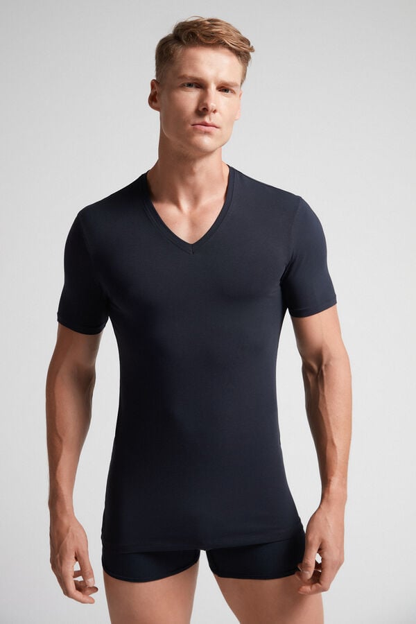 Black Intimissimi Stretch Superior Cotton V-Neck Men T-Shirt | 1ehNjAHD