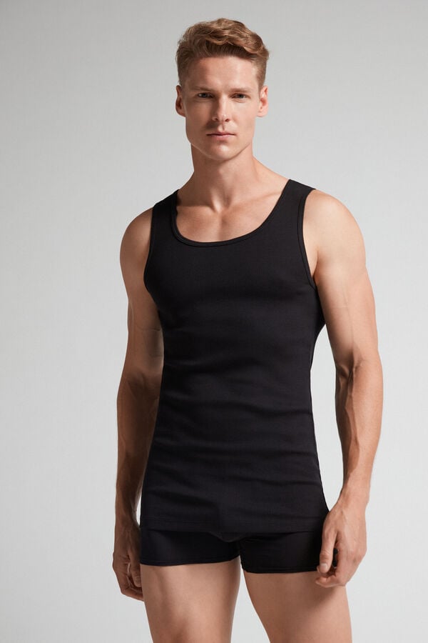 Black Intimissimi Superior Cotton Ribbed Men Tank Top | nGFBT8er