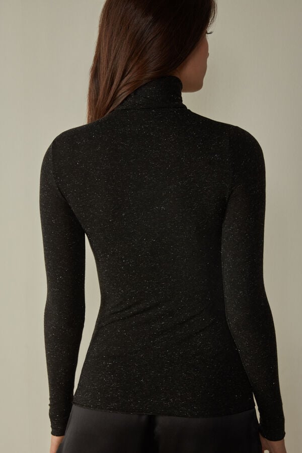 Black Intimissimi Turtleneck In Modal Light With Cashmere Lamé Women Long Sleeve | 0y3CN7Gh