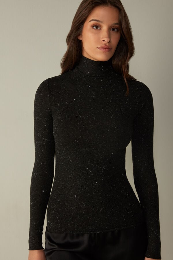 Black Intimissimi Turtleneck In Modal Light With Cashmere Lamé Women Long Sleeve | 0y3CN7Gh