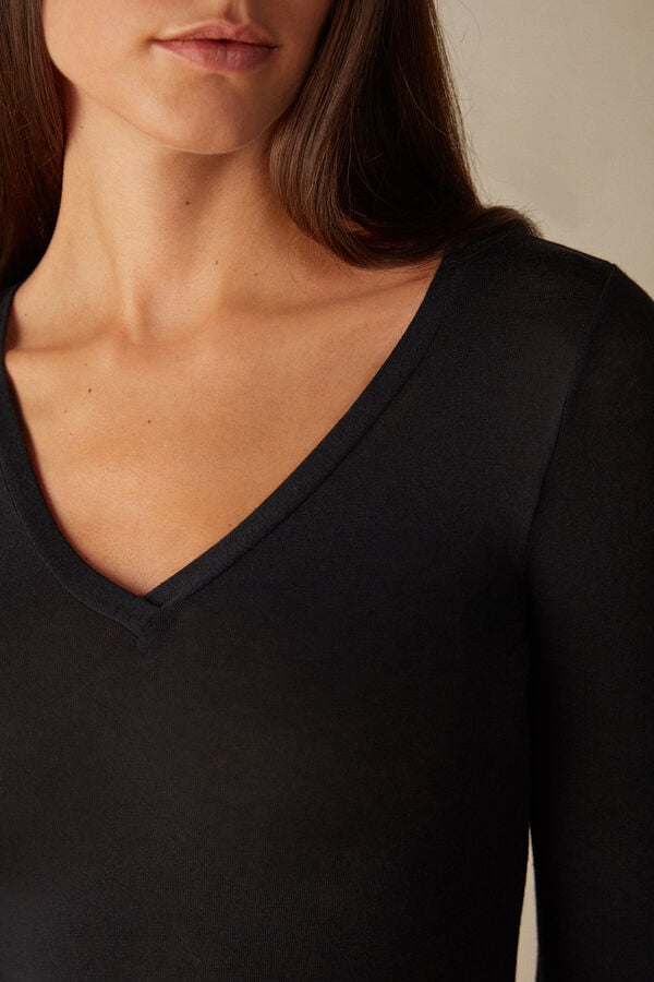 Black Intimissimi V-Neck Top In Modal Ultralight With Cashmere Women Long Sleeve | Rc5AyJIp