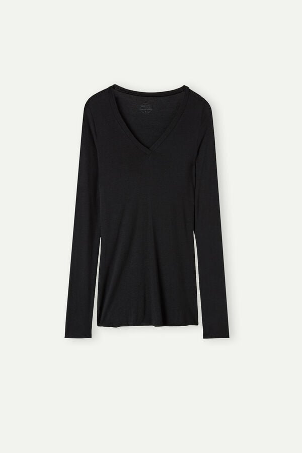 Black Intimissimi V-Neck Top In Modal Ultralight With Cashmere Women Long Sleeve | Rc5AyJIp