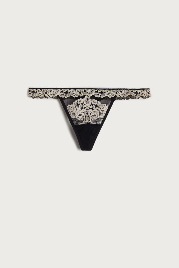 Black / White Intimissimi Pretty Flowers String Women Thong | hnABySuG