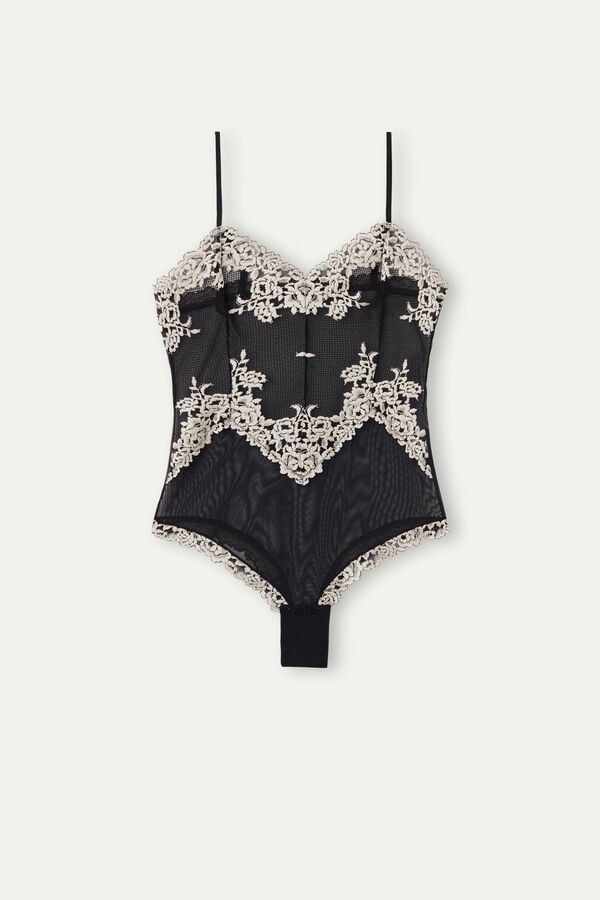 Black / White Intimissimi Pretty Flowers Tulle And Lace Women Bodysuit | k7DHHA1b