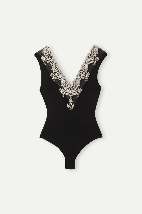 Black / White Intimissimi Pretty Flowers V-Neck Women Bodysuit | ol1IXIDZ