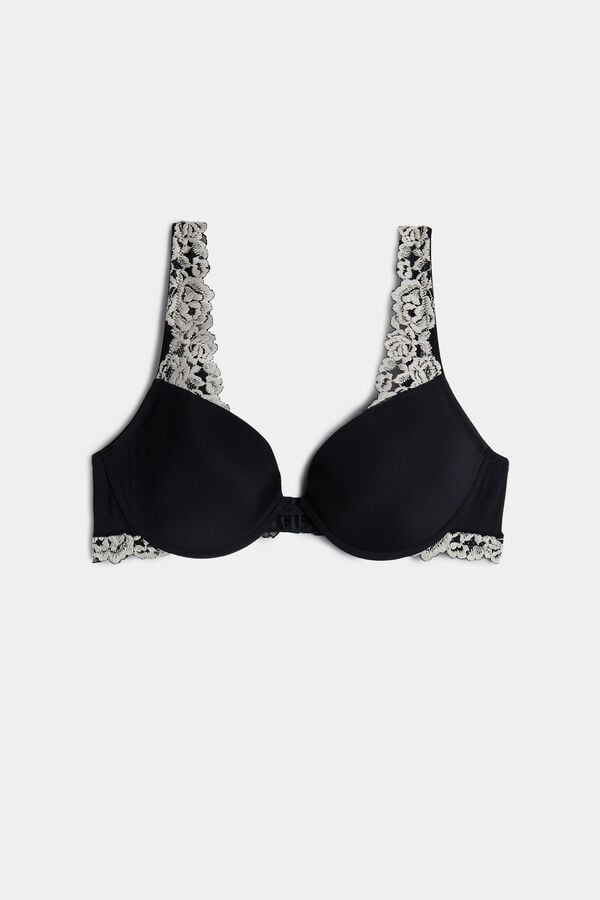 Black / White Intimissimi Pretty Flowers Microfiber Bellissima Push-Up Women Bra | BekGy90H