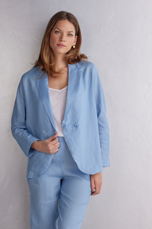 Blue Intimissimi Linen Cloth Double Breasted Women Jacket | zIHhGrUv