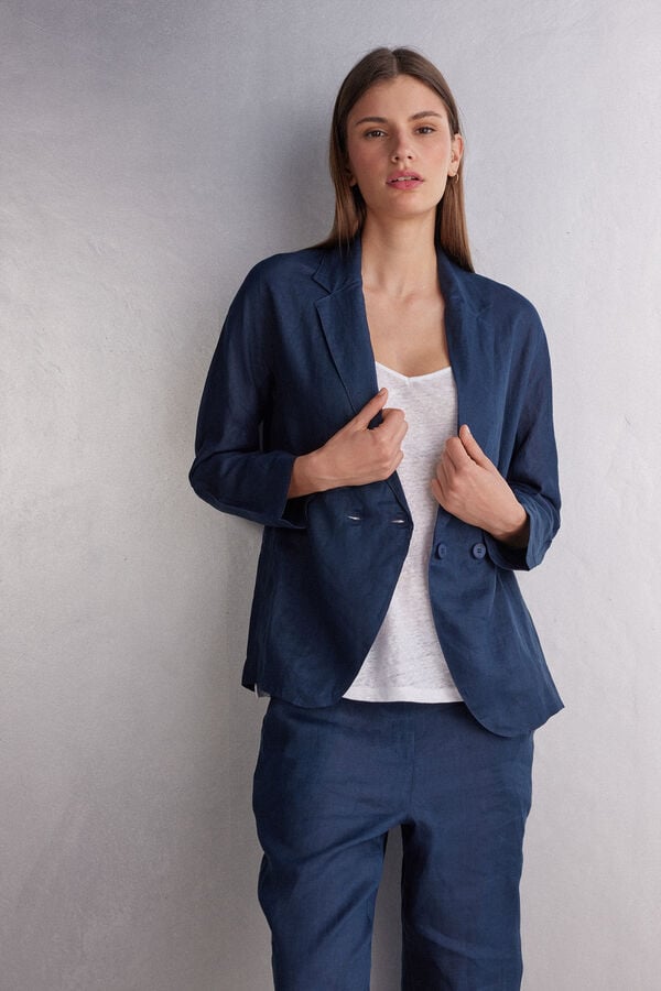 Blue Intimissimi Linen Cloth Double Breasted Women Jacket | 3UwhnzSR