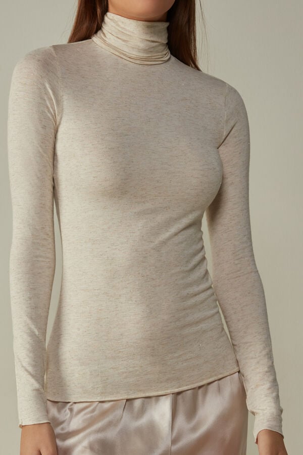 Cream White Intimissimi Turtleneck In Modal Light With Cashmere Lamé Women Long Sleeve | Ze2ypr1G