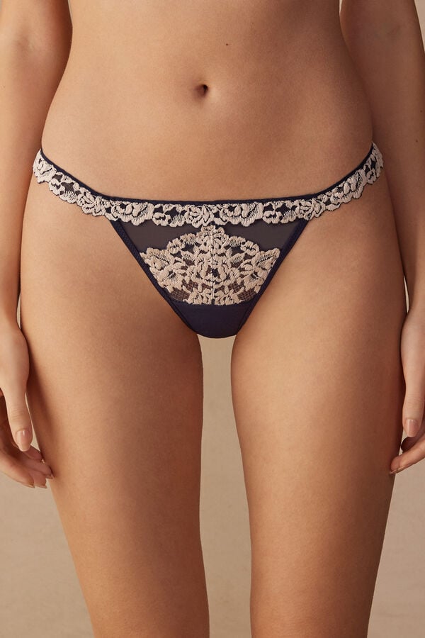 Deep Blue / Light Yellow Intimissimi Pretty Flowers String Women Thong | xvcyqNf2