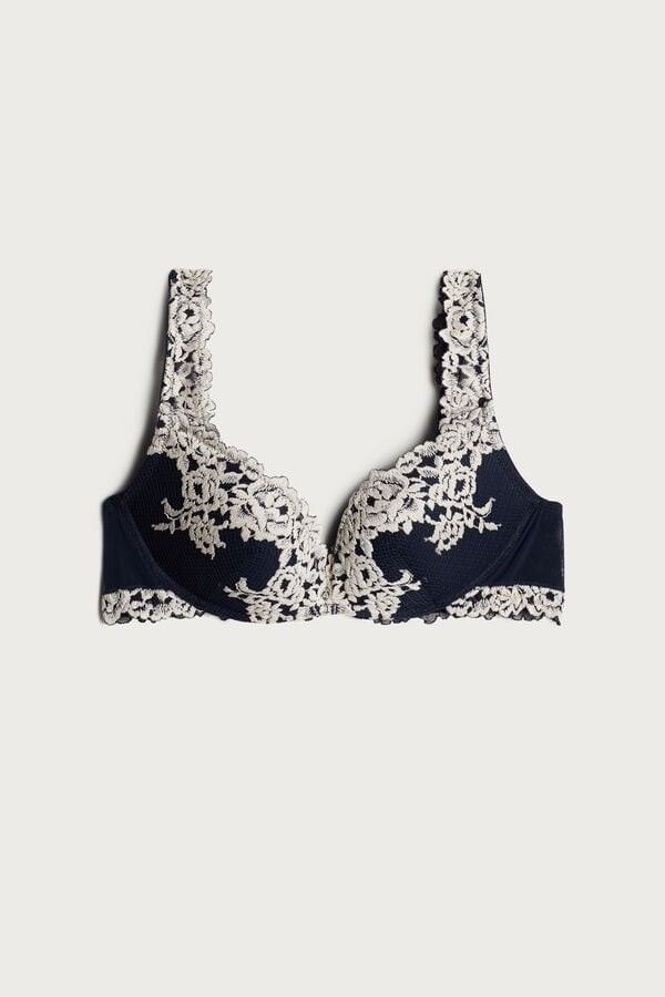 Deep Blue / Light Yellow Intimissimi Pretty Flowers Gioia Super Push-Up Women Bra | vfic5iYr