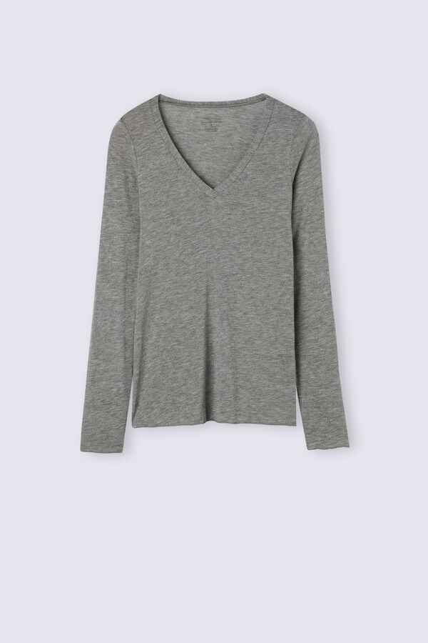 Grey Intimissimi V-Neck Top In Modal Ultralight With Cashmere Women Long Sleeve | 9yfAiAoI