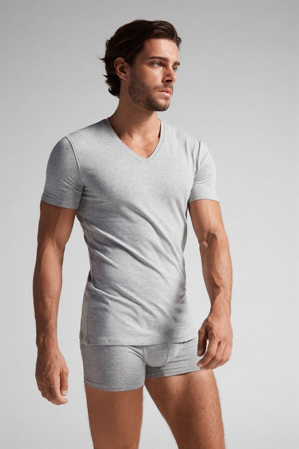 Light Grey Intimissimi Stretch Superior Cotton V-Neck Men T-Shirt | w5Kx0ogJ