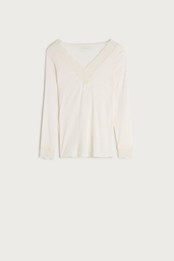 Light Yellow Intimissimi Modal Cashmere Ultralight Long Lace Women Shirt | UvwIemCA