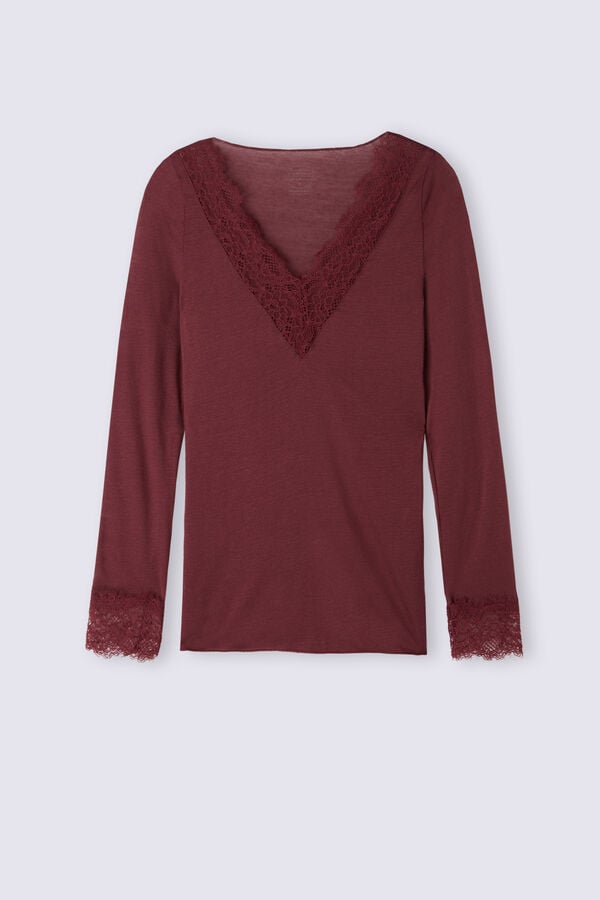 Red Intimissimi Modal Cashmere Ultralight Long Lace Women Shirt | qRimXUJ4