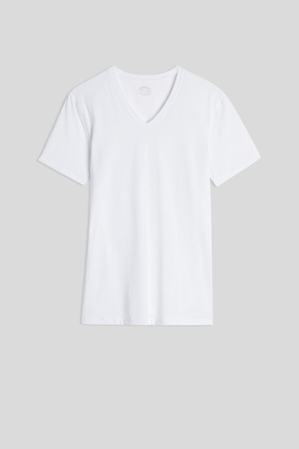 White Intimissimi Stretch Superior Cotton V-Neck Men T-Shirt | Zsomoonv